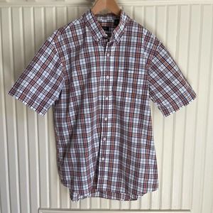 Arrow - Mens - Blue, Orange & White Plaid - Short Sleeve Button Up - L